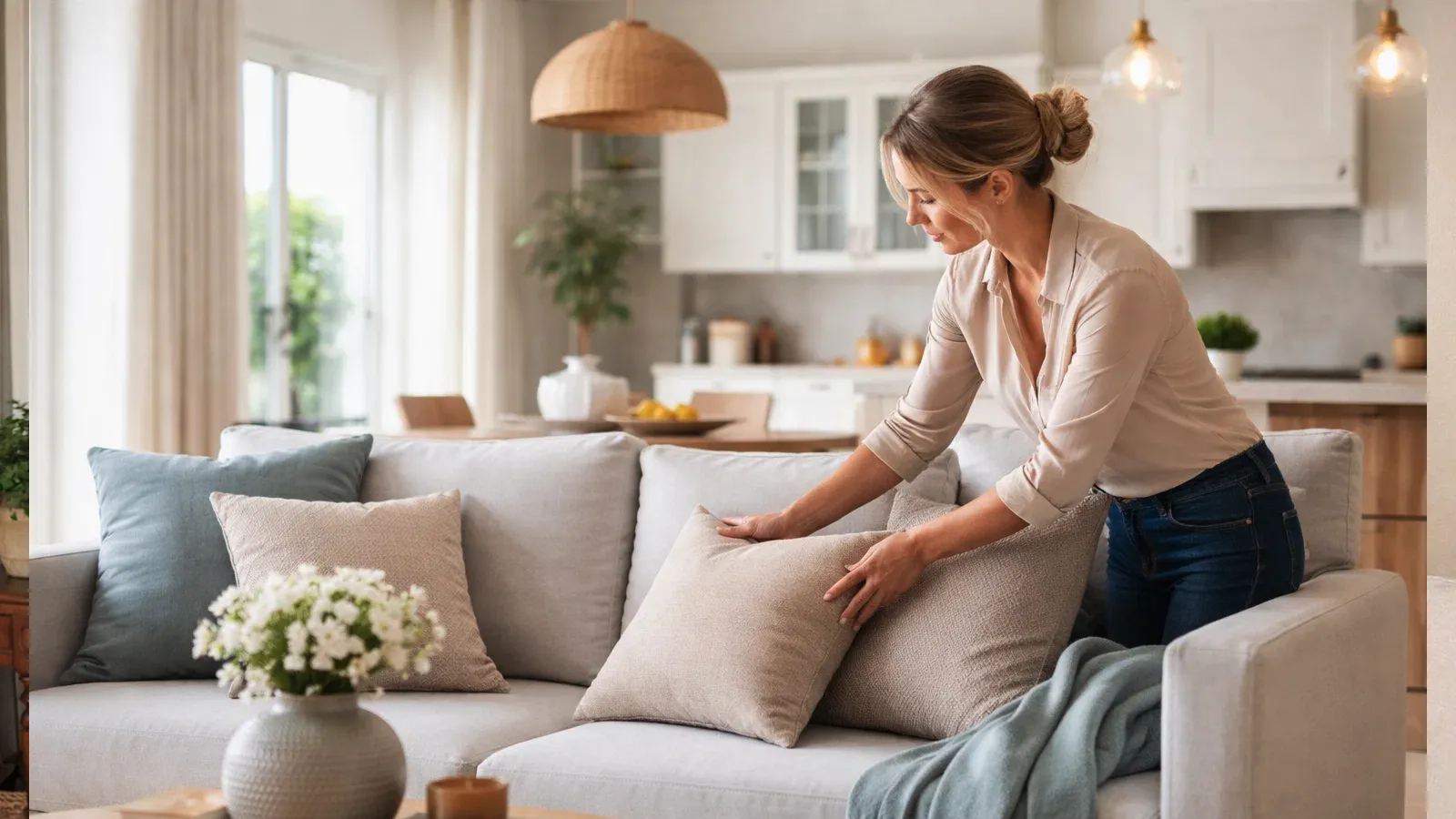 Housekeeping professionals cleaning a modern living room
