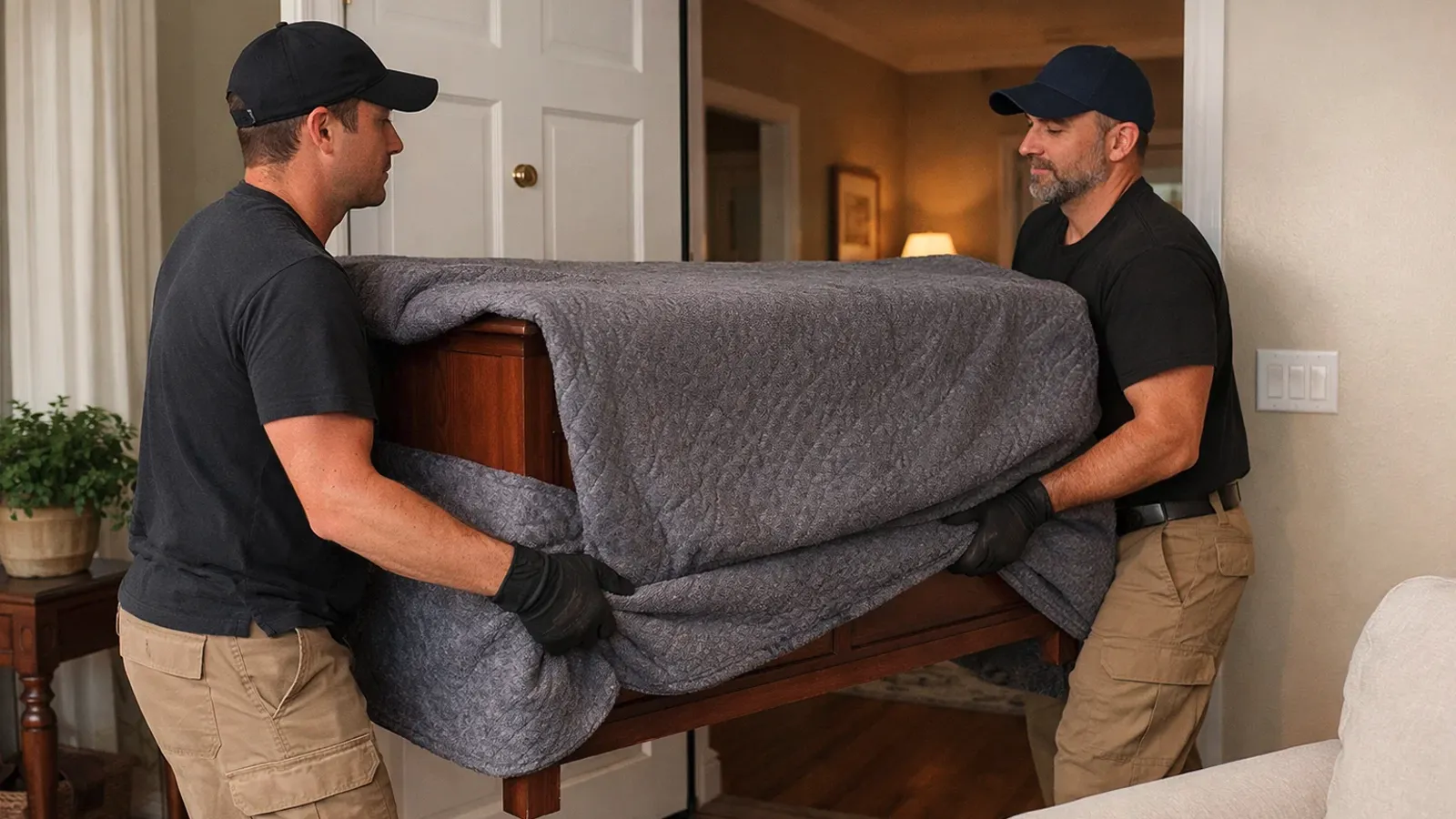 Professional junk removal team carefully removing furniture from a residential home in Heber City, Utah.