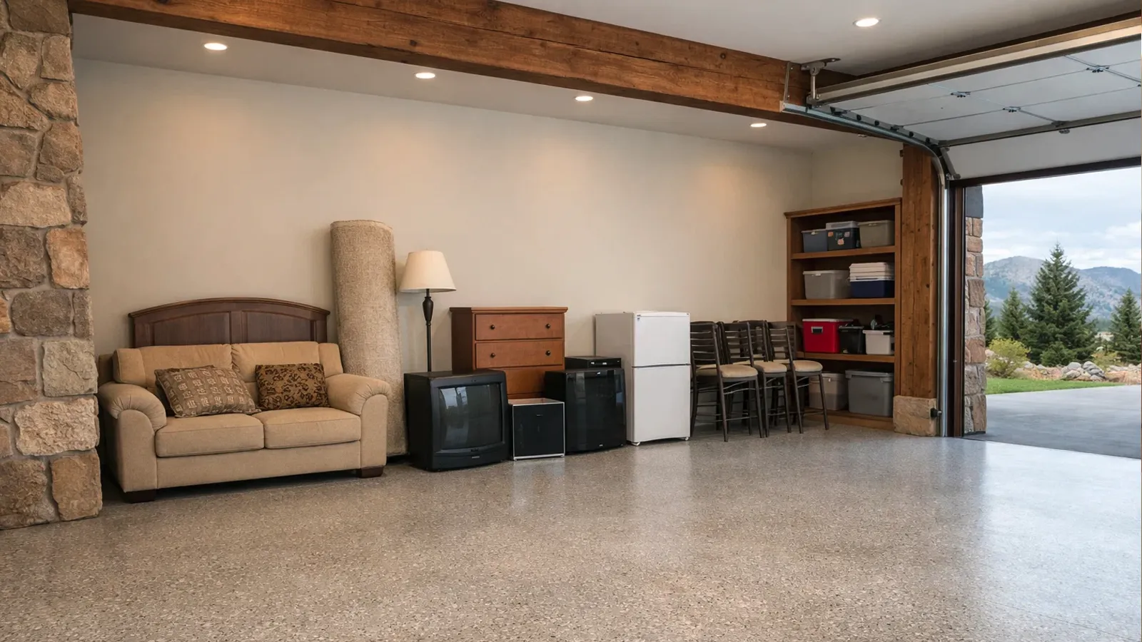 “Residential garage cleanout with furniture and household items staged for junk removal in Heber City, Utah.”