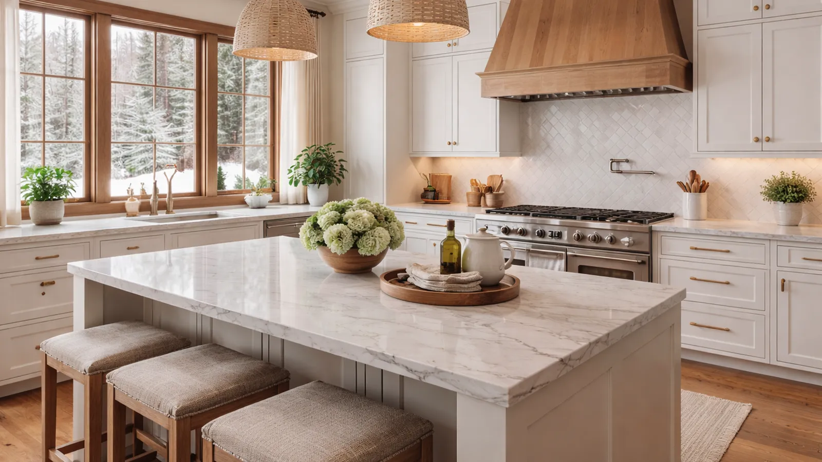 Luxury mountain home kitchen perfectly maintained while unoccupied, clean countertops, natural light, and peaceful winter setting