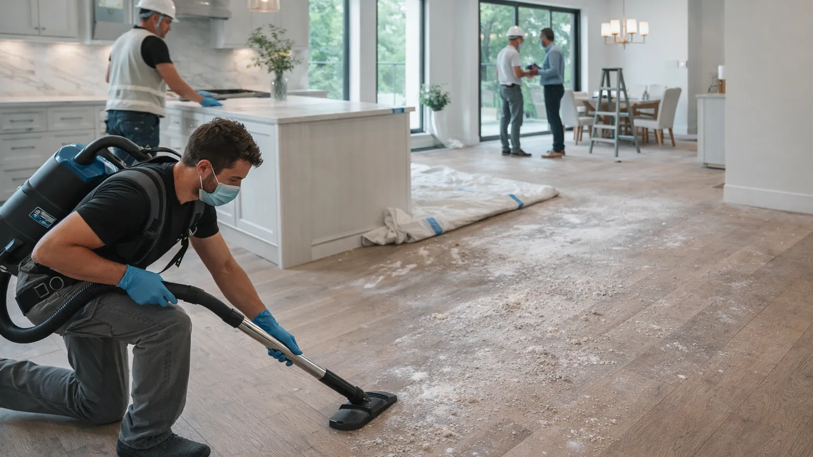 Post-construction cleaning service removing dust and debris in a newly built home