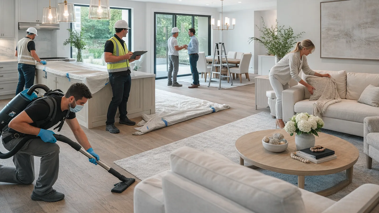 Post-construction cleaning in a newly renovated home with builders, designers, and homeowners preparing the space for move-in