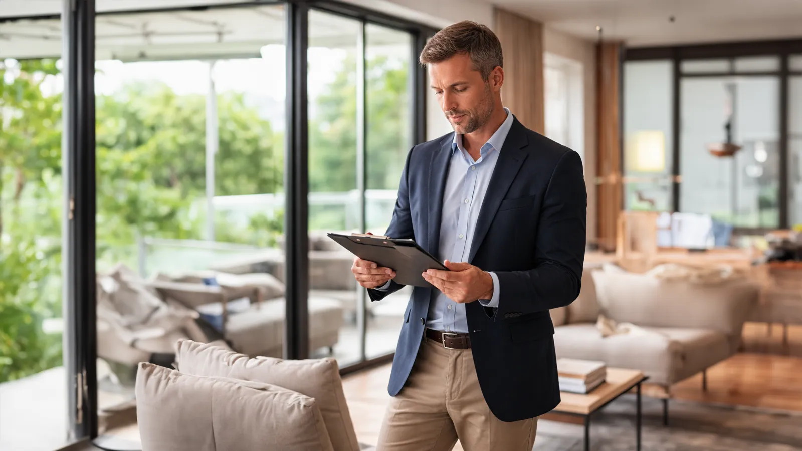 Professional property manager reviewing documents inside a high-end home, standing near large windows with natural light and a calm, discreet atmosphere