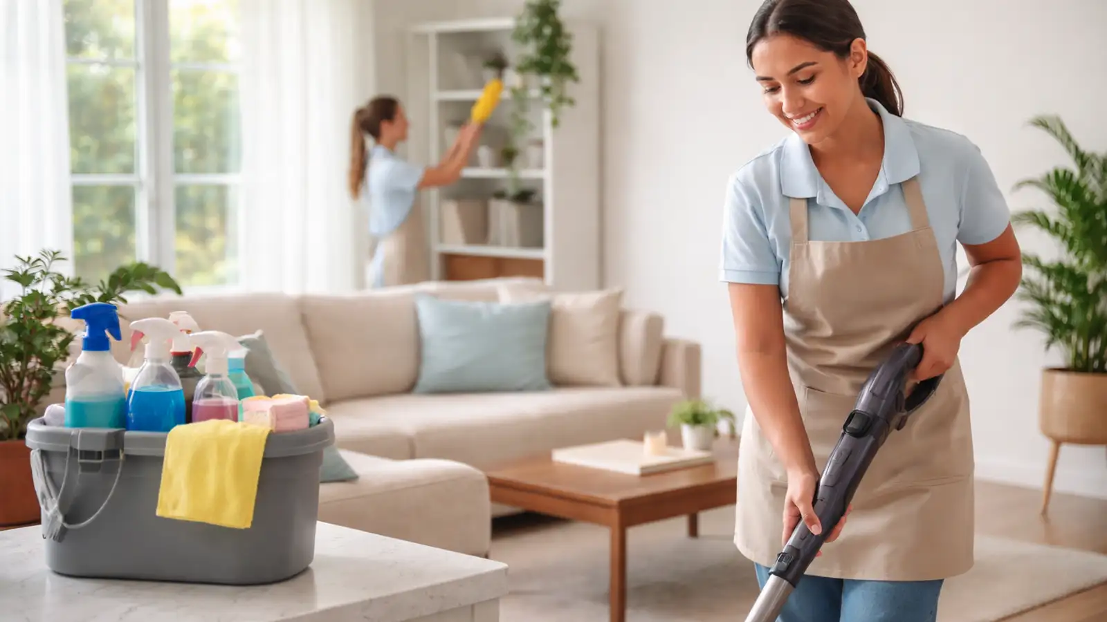 Housekeeping professionals cleaning a modern living room
