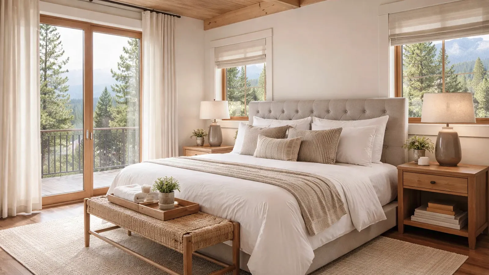 Luxury mountain bedroom for short-term rentals with natural light, neutral decor, and a well-maintained, high-end interior