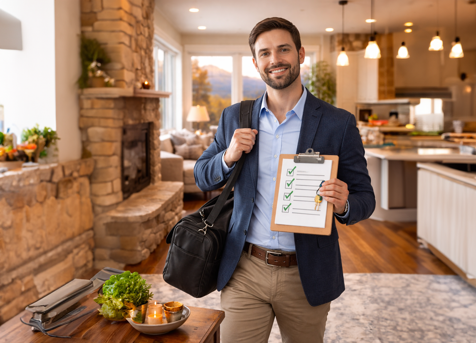 Professional property manager conducting a routine inspection inside a luxury mountain vacation home