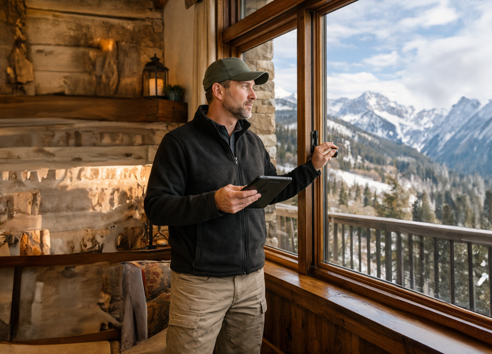 Preventive home watch inspection in a luxury mountain home, checking window security and property condition